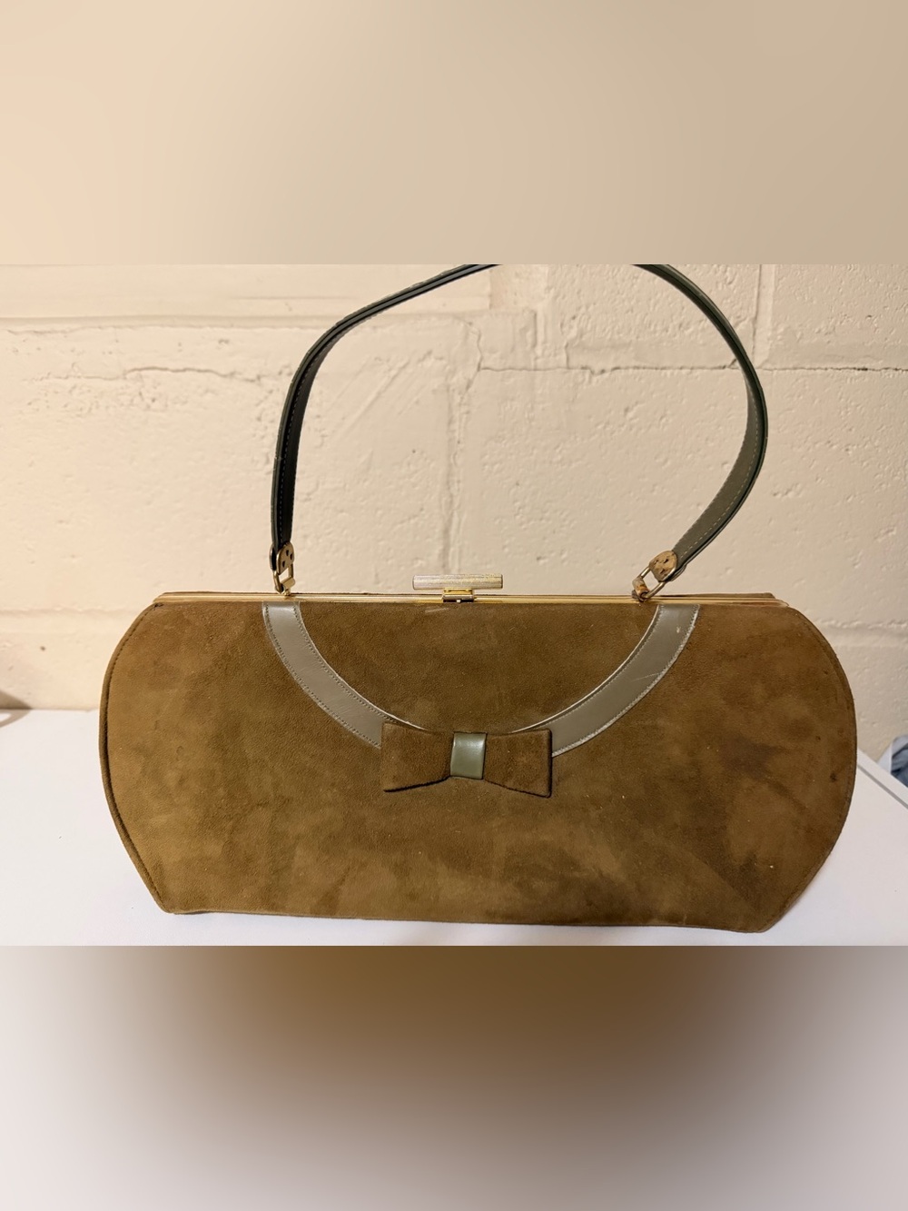 Vintage Brown Suede Bow Wristlet with Gold Trim